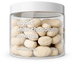 Vilgain Mandle v čokoláde – biela čokoláda posypaná kokosom 250 g