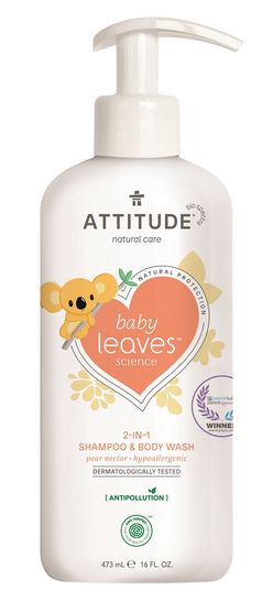 Attitude - detské telové mydlo a šampón 2v1 - Baby Leaves s vôňou hruškovej šťavy, 473 ml